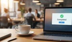 Gemini 구글 워크스페이스 연동을 통해 업무가 완료된 노트북 화면에 'Completed' 알림이 떠 있고, 그 옆에 김이 나는 커피가 놓여 있는 평온한 사무실 책상의 사진.