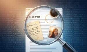 디지털 블로그 게시물을 비추는 돋보기 안으로 손글씨 메모, 커피 자국, 인물 사진 등 실제 경험을 상징하는 따뜻한 아날로그 요소들이 보이는 컨셉 아트. 디지털 텍스트 속에서 진정성 있는 콘텐츠를 찾아내는 모습을 표현했습니다.