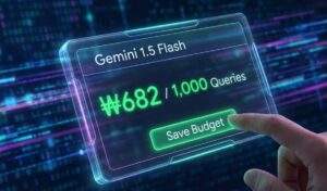 제미나이 1.5 Flash 모델을 사용해 1,000건의 요청을 처리했을 때 예상 비용이 약 682원임을 보여주는 미래형 홀로그램 계산기 화면.