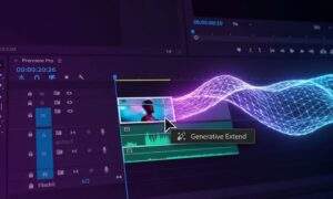 어도비 프리미어 프로 2026 타임라인에서 'Generative Extend' 기능을 사용하여 비디오 클립의 길이를 AI 신경망 시각 효과와 함께 늘리고 있는 UI 스크린샷.