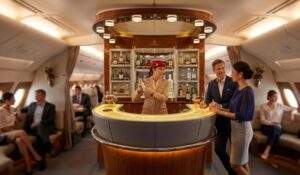 에미레이츠 A380 기내 바(Onboard Lounge)에서 승객들이 칵테일을 즐기고 바텐더가 서비스를 제공하는 활기찬 모습.