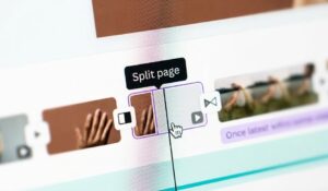 캔바 동영상 만들기: 타임라인의 확대 모습. 'Split page(페이지 분할)' 툴팁이 떠 있고, 영상 클립 사이의 전환 효과 아이콘이 강조되어 있음.