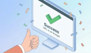컴퓨터 화면에 초록색 체크 표시와 함께 "Success: URL is on Google"이라는 문구가 뜨고, 주변에 색종이 조각이 날리며 엄지척하는 손이 보이는 성공적인 검색 등록 이미지.