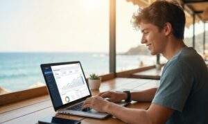 해변이 내려다보이는 밝은 카페에서 한 젊은 남성이 노트북 화면의 상승하는 매출 그래프를 보며 미소 짓고 있는 모습. 자유로운 디지털 노마드의 삶을 표현한 사진.