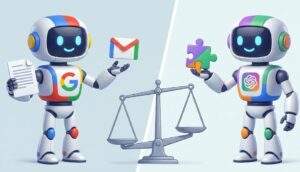 왼쪽에는 구글 컬러 로봇이 구글 문서와 지메일 아이콘을 들고 있고, 오른쪽에는 OpenAI 컬러 로봇이 퍼즐 조각을 들고 있는 분할 화면 3D 일러스트. 중앙의 저울이 구글 로봇 쪽으로 약간 기울어져 있다.