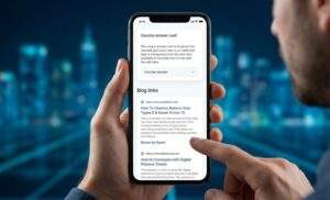 스마트폰 화면을 보고 있는 현대적인 사용자. 화면 상단에는 AI가 제공하는 간결한 답변 카드가 있고, 그 아래로 풍부한 정보를 담은 블로그 링크들이 보입니다. 사용자가 만족스러운 표정으로 '전문가 리뷰' 링크를 탭하고 있습니다. 배경은 흐릿한 도시 야경입니다.