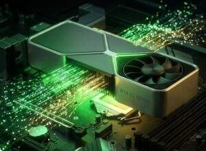 메인보드에 장착된 최신 고성능 그래픽카드(GPU)인 RTX 50 시리즈가 강력한 녹색 빛을 내뿜으며 비디오 데이터를 처리하고 있는 모습을 확대한 사진.