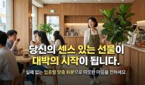 따뜻한 채광이 드는 카페 창가에 놓인 감성적인 개업 화분과 '새로운 시작을 진심으로 응원합니다'라는 한글 응원 메시지 그래픽