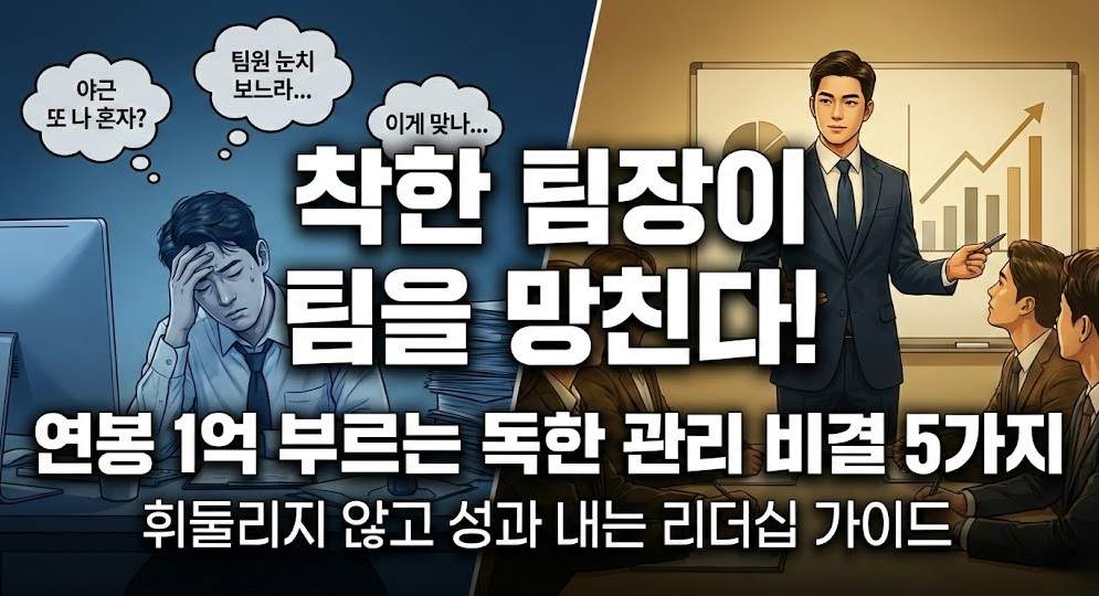머리를 감싸 쥔 고민하는 착한 팀장과 성과 그래프 앞에서 발표하는 유능한 리더의 비교 일러스트, 신임 팀장 리더십 교육 및 연봉 1억 관리 비결 5가지 썸네일