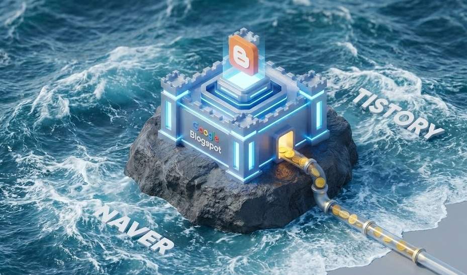 거친 파도 속에 서 있는 구글 블로그스팟 디지털 요새에서 금화가 파이프를 통해 흘러나오는 3D 이미지. 파도에는 각각 'NAVER'와 'TISTORY'라는 글씨가 새겨져 있다.