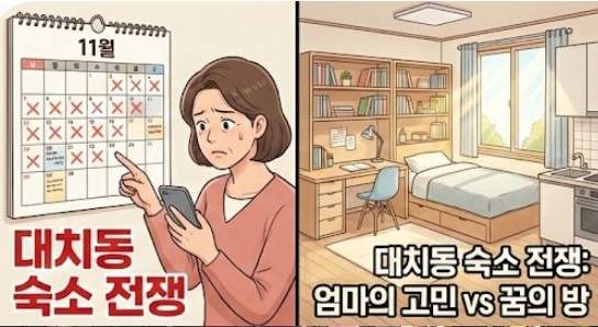 대치동 윈터스쿨 숙소를 구하기 위해 11월 달력과 스마트폰을 보며 고민에 빠진 어머니의 모습(왼쪽)과 깨끗하게 정돈된 학생용 풀옵션 원룸 내부(오른쪽)가 분할된 화면에 담겨 있다. 이미지 중앙에는 붉은색으로 '대치동 숙소 전쟁'이라는 문구가 적혀 있다.