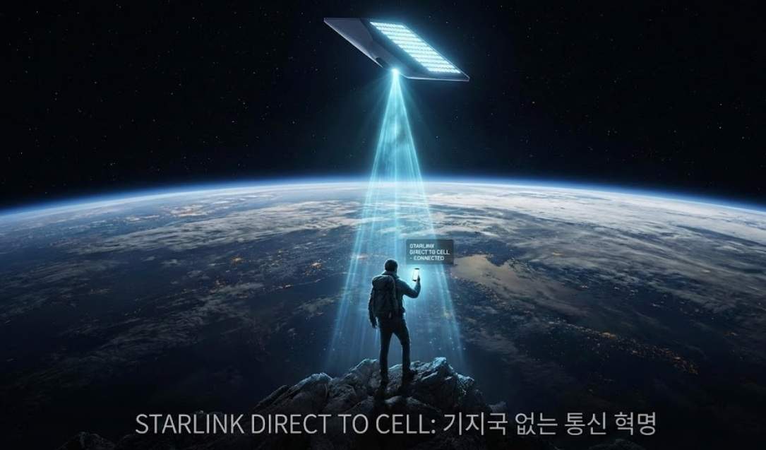 스타링크 다이렉트 투 셀: 산 정상에 서 있는 등산객의 스마트폰이 우주 상공의 스타링크 위성과 빛으로 직접 연결되는 3D 컨셉 이미지. 'STARLINK DIRECT TO CELL: 기지국 없는 통신 혁명'이라는 문구가 포함되어 있음.