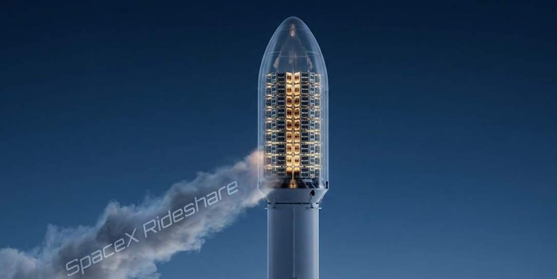 스페이스X 라이드쉐어 비용과 전망: 스페이스X 팰컨9 로켓이 투명한 페어링 안에 다수의 큐브 위성을 싣고 우주로 발사되는 모습. 연기 속에 'SpaceX Rideshare' 텍스트가 보인다.