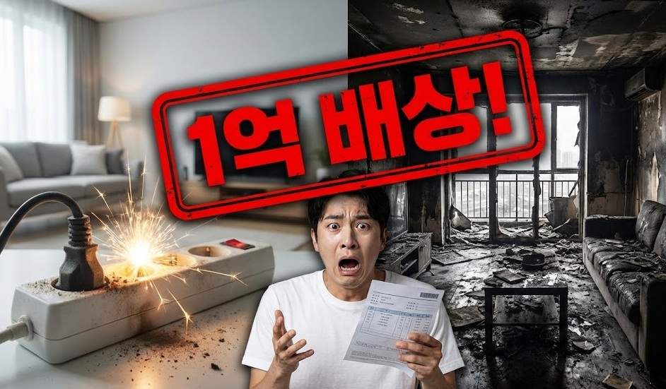 일상생활배상책임보험 화재 배상: 먼지 낀 멀티탭 스파크로 인한 화재 발생 전후 대비 모습과 1억 원 배상 책임을 알리는 썸네일 이미지.