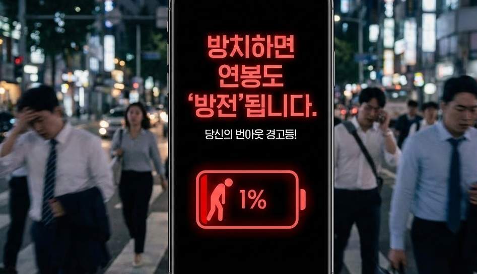 회사 가기 죽기보다 싫을 때 번아웃 증후군 자가진단: 스마트폰 배터리가 방전된 모습과 지친 직장인들의 퇴근길 배경. 번아웃 증후군을 방치하면 커리어에 위험이 된다는 경고 메시지 포함.