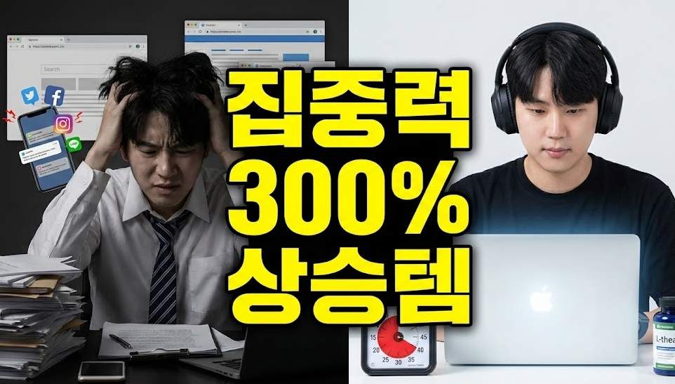 집중력 향상 최고 조합: 산만한 사무실 환경과 대비되는 집중하는 남성의 모습, 노이즈 캔슬링 헤드폰과 구글 타임 타이머 사용 중. "집중력 300% 상승템" 문구 포함.
