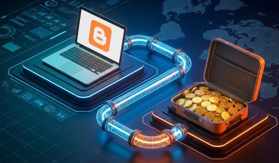 구글 블로그 스팟 자동화 수익: 구글 블로그 스팟 로고가 있는 노트북에서 여행 가방 속의 금화로 연결되는 빛나는 데이터 파이프라인의 3D 일러스트. 배경은 세계 지도와 디지털 인터페이스로 구성되어 있다.