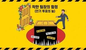 신임 팀장 리더십 교육: 착한 팀장이 빠지기 쉬운 인기 투표의 함정과 성과 하락, 팀원 이탈 등의 부정적 결과 인포그래픽.