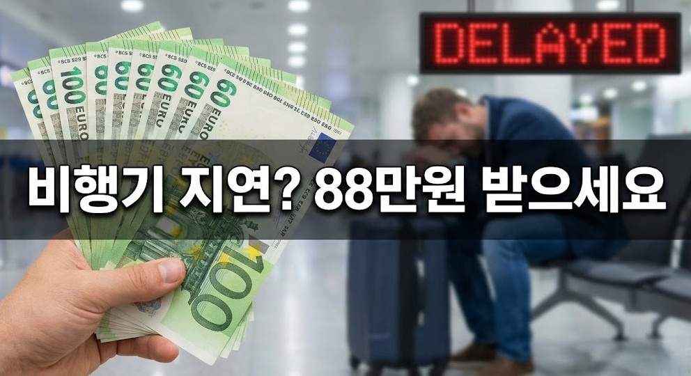 공항에서 비행기가 지연되어 지친 여행객을 배경으로, 한 손이 600유로 지폐 뭉치를 들고 있는 모습. '비행기 지연? 88만원 받으세요'라는 문구가 강조되어 있다.