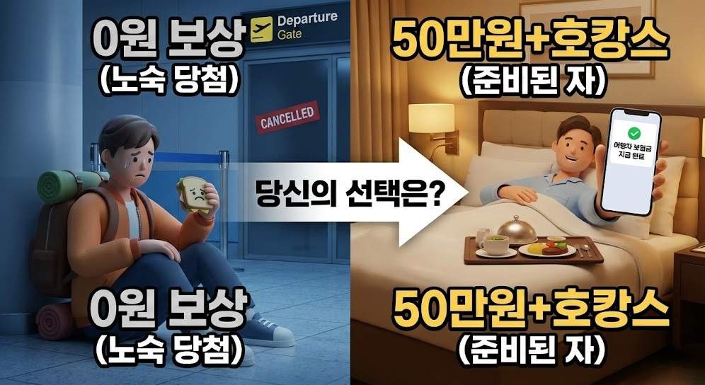미국 공항 비행기 결항 시 공항 노숙과 여행자 보험으로 50만 원 보상받고 호텔에서 쉬는 모습을 대조한 3D 일러스트 썸네일.