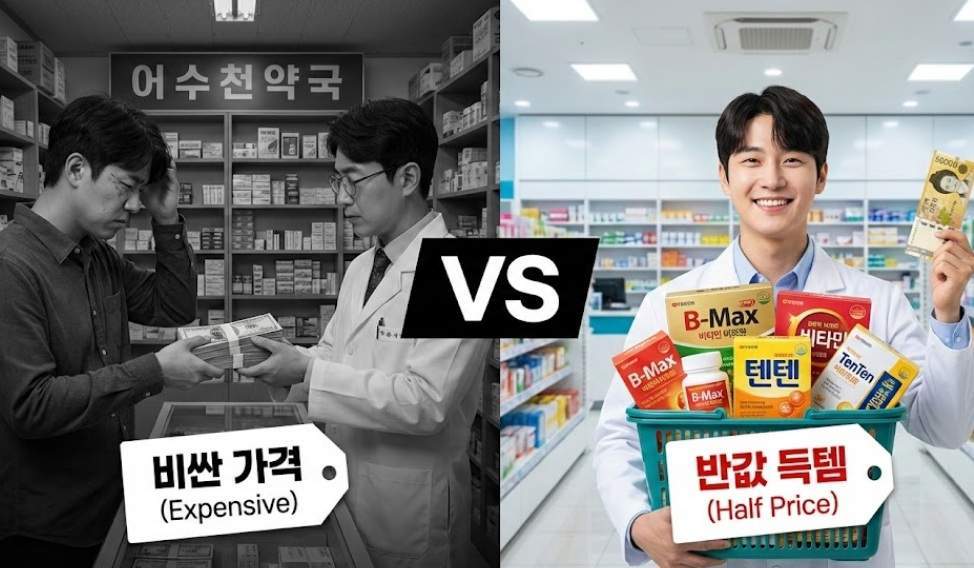 금천 메가팩토리 약국 영양제 가격 비교 썸네일, 동네 약국 대비 반값 구매 혜택 시각화