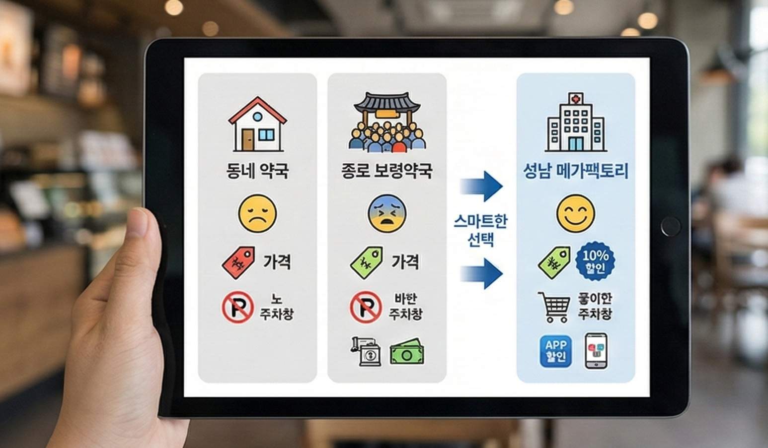 동네 약국, 종로 보령약국, 성남 메가팩토리 약국의 가격, 주차, 결제 편의성 비교 인포그래픽. 성남 메가팩토리가 가격과 편의성 면에서 가장 유리함을 화살표로 표현.