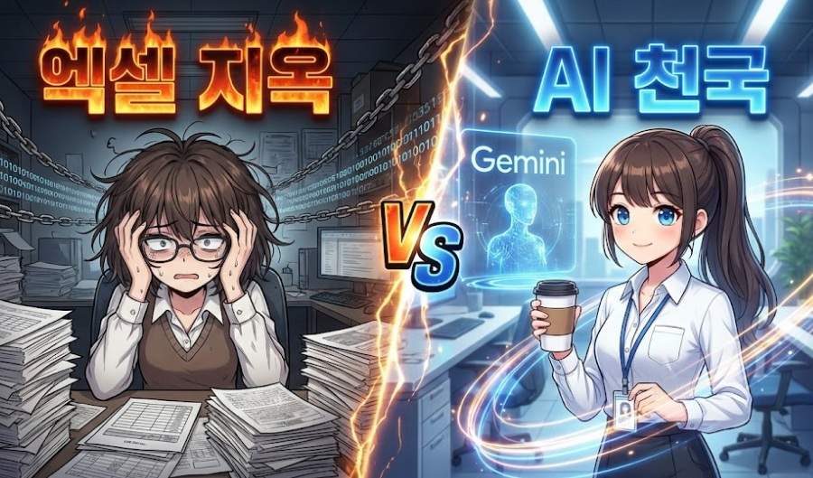 왼쪽에는 엑셀 업무로 고통받는 야근 직장인의 어두운 모습, 오른쪽에는 제미나이 AI로 업무를 자동화하고 여유롭게 커피를 마시는 밝은 모습이 대비된 블로그 썸네일 이미지. 중앙에 '엑셀 지옥 vs AI 천국'이라는 문구가 적혀 있다.
