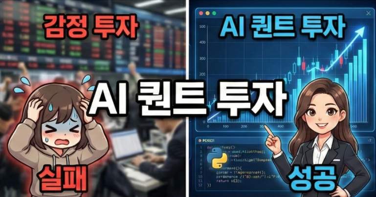 삼성전자 투자 제미나이: 감정적 투자 실패와 AI 데이터 기반 퀀트 투자 성공을 대비시킨 분할 화면 썸네일 이미지. 중앙에 'AI 퀀트 투자' 텍스트가 있음.