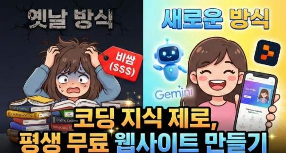 복잡한 코딩 책으로 고통받는 모습과 AI 도구를 사용해 스마트폰으로 쉽게 웹사이트를 만들어 웃는 모습을 대비하여 보여주는 3D 카툰 스타일의 블로그 썸네일. 중앙에 '코딩 지식 제로! 평생 무료 웹사이트 만들기' 문구가 있음.