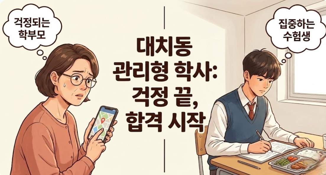 "걱정하는 학부모와 집중하는 수험생을 대비시켜 보여주는 일러스트 썸네일입니다. 중앙에는 '대치동 관리형 학사: 걱정 끝, 합격 시작'이라는 문구가 있습니다."