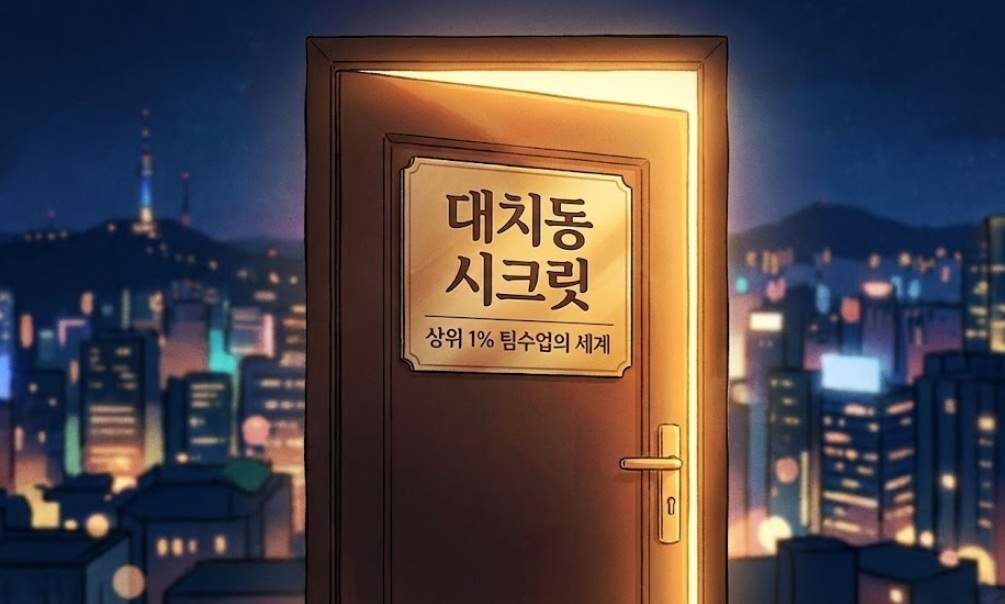 서울 강남의 밤 야경을 배경으로 'Private Class' 간판이 걸린 스터디룸 문틈으로 빛이 새어 나오는 은밀하고 고급스러운 대치동 소수정예 팀수업 분위기