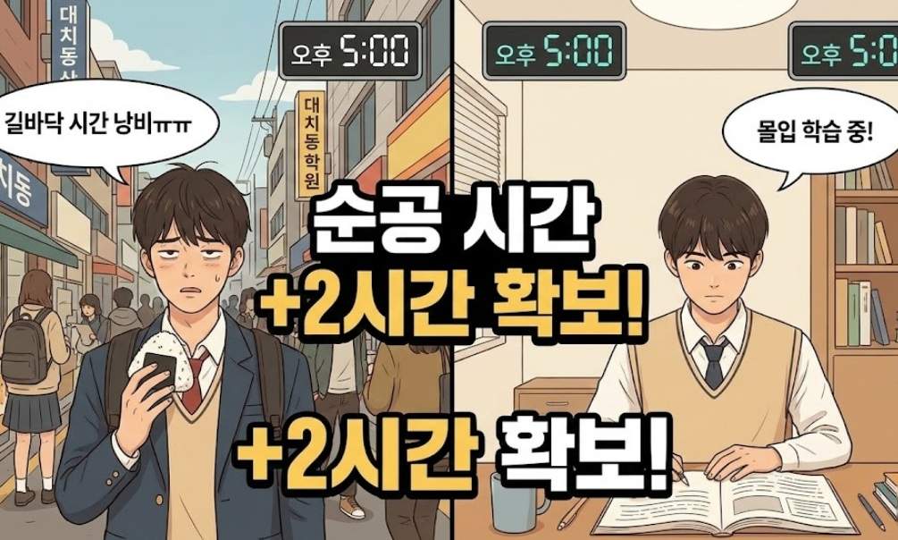 대치동 관리형 독서실 급식 정보: 대치동 관리형 독서실 순공 시간 2시간 확보 웹툰 이미지, 길바닥 시간 낭비와 몰입 학습 비교.
