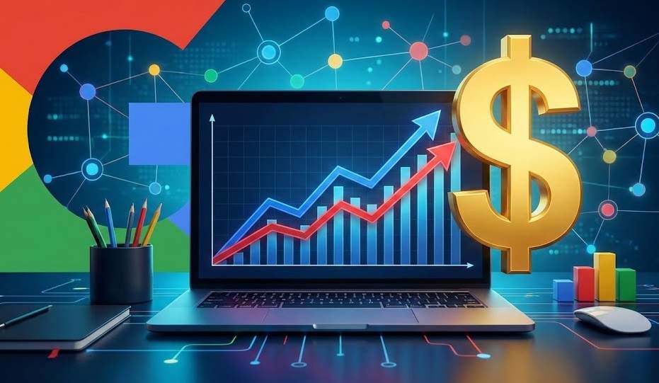 구글 블로그 광고 설정 썸네일: 노트북 화면에 애드센스와 제휴 수익을 나타내는 두 개의 상승 그래프가 합쳐져 큰 달러 기호를 만드는 모습의 미래적인 블로그 수익화 전략 일러스트.