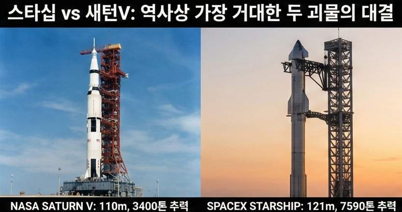 스타십 vs 새턴V 비교: 나란히 서 있는 NASA의 새턴V 로켓(110m, 3400톤 추력)과 SpaceX의 스타십 로켓(121m, 7590톤 추력)의 비교 이미지. 발사대에 거치된 두 거대 로켓의 압도적인 크기 차이와 주요 스펙을 시각적으로 보여주며, 역사상 가장 거대한 두 발사체의 대결 구도를 강조한다.