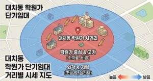 대치동 학원가 사거리를 중심으로 한 단기 임대 매물의 거리별 시세 구역을 나타낸 3D 인포그래픽 지도. 중심부의 'Academy District Intersection'과 'Daechi-dong' 주변의 붉은색 원형 구역은 'expensive & close'로 표시되어 있고, 그 외곽의 파란색 원형 구역은 'affordable & far'로 표시되어 있다. 지도 곳곳에 학교와 연필 아이콘이 배치되어 있다.