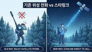 스타링크 다이렉트 투 셀: 기지국 없는 통신 혁명과 6G 시대의 투자 가치 (완벽 분석) 2 좌측에는 거대한 안테나가 달린 구형 위성 전화를 들고 곤란해하는 사람(Old Way), 우측에는 일반 스마트폰으로 위성과 쉽게 통신하는 사람(New Way)을 비교한 인포그래픽. '기존 위성 전화 vs 스타링크'라는 제목 포함.