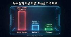 우주 발사체별 1kg당 비용 비교 3D 막대 그래프 (우주왕복선 vs 팰컨9 vs 스타십), 스페이스X 가격 경쟁력 분석