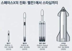 스페이스X 로켓 진화 인포그래픽. 왼쪽부터 팰컨1(10억 달러, 2010), 팰컨9(120억 달러, 2015), 팰컨 헤비(210억 달러, 2018), 스타십(2,500억 달러, 2025) 순으로 로켓 크기와 추정 기업가치가 함께 표시되어 있다.