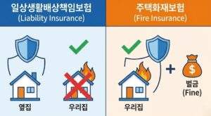 일상생활배상책임보험과 주택화재보험의 보장 범위를 비교한 인포그래픽 표. 일배책은 남의 집만 보장하고, 화재보험은 우리 집 피해와 벌금까지 보장함을 보여줌.