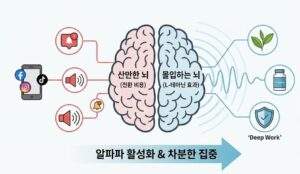 스마트폰 알림과 소음에 시달리는 산만한 뇌와 L-테아닌 효과로 알파파가 활성화된 몰입하는 뇌의 비교 인포그래픽.