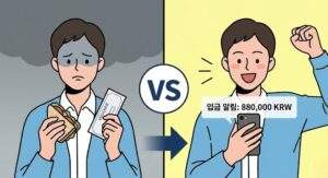 왼쪽에는 항공사 식사 바우처와 샌드위치를 들고 우울해하는 사람, 오른쪽에는 스마트폰으로 88만원 입금 알림을 받고 기뻐하는 사람을 비교하는 인포그래픽.