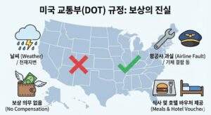 미국 교통부(DOT) 규정에 따른 항공기 지연 보상 기준을 설명하는 인포그래픽. 날씨로 인한 지연은 보상 의무가 없고, 항공사 과실은 식사 및 호텔 바우처가 제공됨을 보여줌.