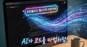 컴퓨터 화면 속 구글 제미나이 채팅창에 포트폴리오 웹사이트 코드를 요청하자, 제미나이가 마법처럼 빛나는 코드를 생성해 보여주는 클로즈업 사진. 옆에는 커피잔이 있음.