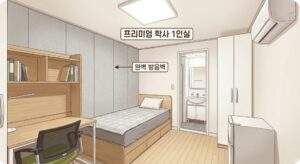대치동 관리형 학사 추천: 프리미엄 학사 1인실'이라는 제목과 '완벽 방음벽'을 가리키는 화살표가 있는 깔끔한 학사 방 내부 일러스트입니다.