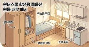 대치동 윈터스쿨 학생을 위한 전형적인 풀옵션 원룸의 내부 모습. 붙박이장, 싱글 침대, 학습용 책상과 스탠드, 소형 주방(싱크대, 인덕션, 미니 냉장고)이 좁은 공간에 효율적으로 배치되어 있으며, 블라인드가 쳐진 창문을 통해 따뜻한 햇살이 들어오고 있다.
