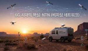 스타링크 다이렉트 투 셀: 기지국 없는 통신 혁명과 6G 시대의 투자 가치 (완벽 분석) 3 사막 오지 환경에서 자율주행 탐사 차량과 다양한 IoT 센서들이 하늘의 위성 네트워크망과 연결된 미래 풍경. '6G 시대의 핵심: NTN (비지상 네트워크)'라는 텍스트가 강조됨.