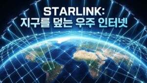 지구 저궤도를 촘촘하게 감싸는 수많은 스타링크 위성들과 지상으로 연결되는 파란색 통신 레이저 빔을 시각화한 이미지. 상단에 'STARLINK: 지구를 덮는 우주 인터넷' 문구가 있다.