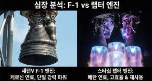 로켓의 심장인 엔진 비교 이미지. 왼쪽은 새턴V에 사용된 거대한 단일 노즐의 F-1 엔진(케로신 연료, 강력 파워) 클로즈업, 오른쪽은 스타십에 사용된 여러 개의 랩터 엔진(메탄 연료, 고효율)이 푸른색 화염을 내뿜는 작동 장면 클로즈업. 두 엔진의 외형 및 연료 특성 차이를 대비시켜 보여준다.