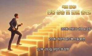 리더십 마인드셋부터 연봉 상승 및 임원 승진까지의 단계를 보여주는 리더십 로드맵 일러스트.