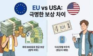 유럽연합(EU)과 미국(USA)의 항공기 지연 보상 제도를 비교하는 일러스트. EU는 최대 600유로 현금 보상을, 미국은 식사 및 호텔 바우처만 제공하는 차이를 보여줌.